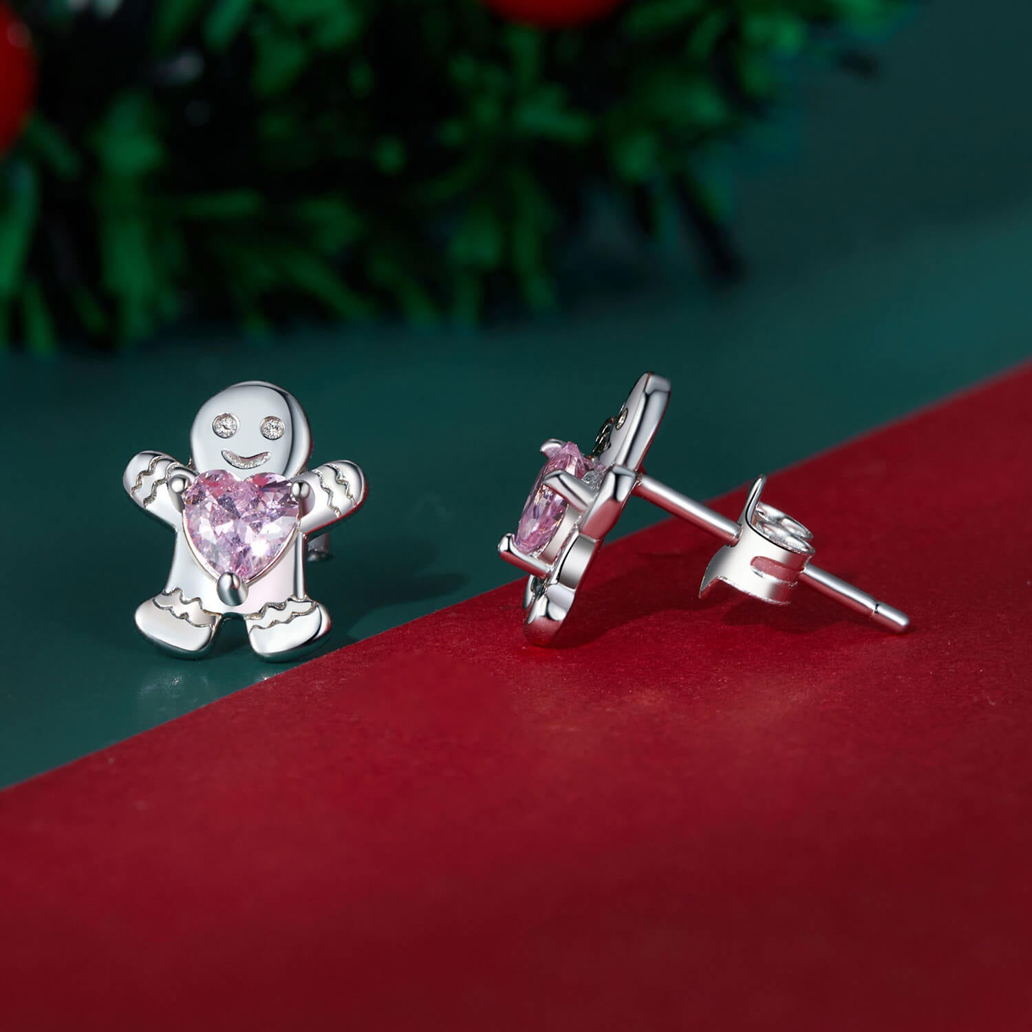 Christmas Pink Gingerbread Man Zircon Earrings in Sterling Silver front and side