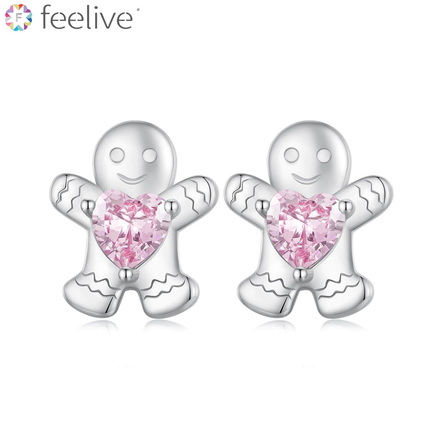 Christmas Pink Gingerbread Man Zircon Earrings in Sterling Silver - Feelive