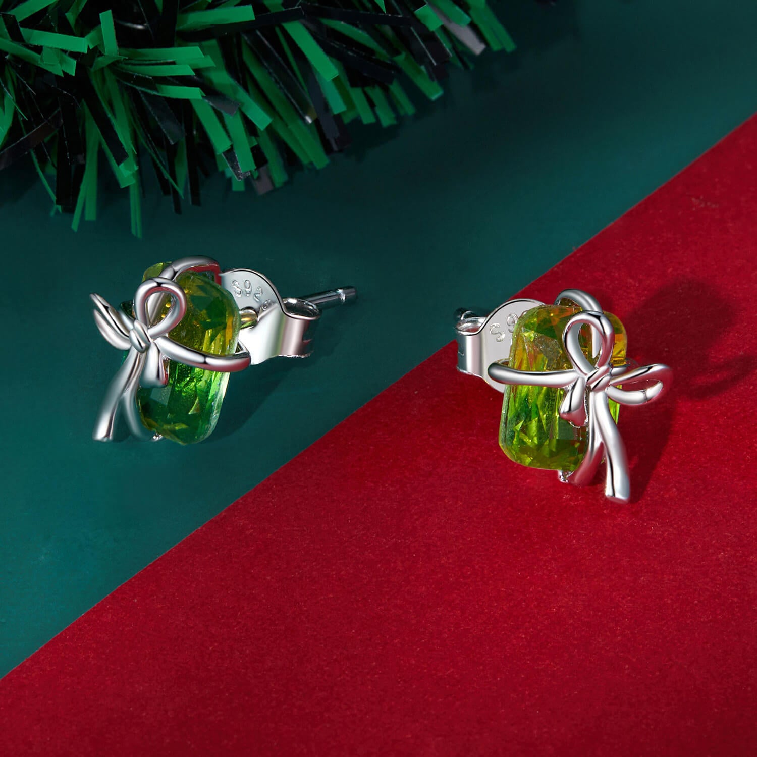 Christmas Green Gift Box Synthetic Tourmaline Earrings in Sterling Silver front