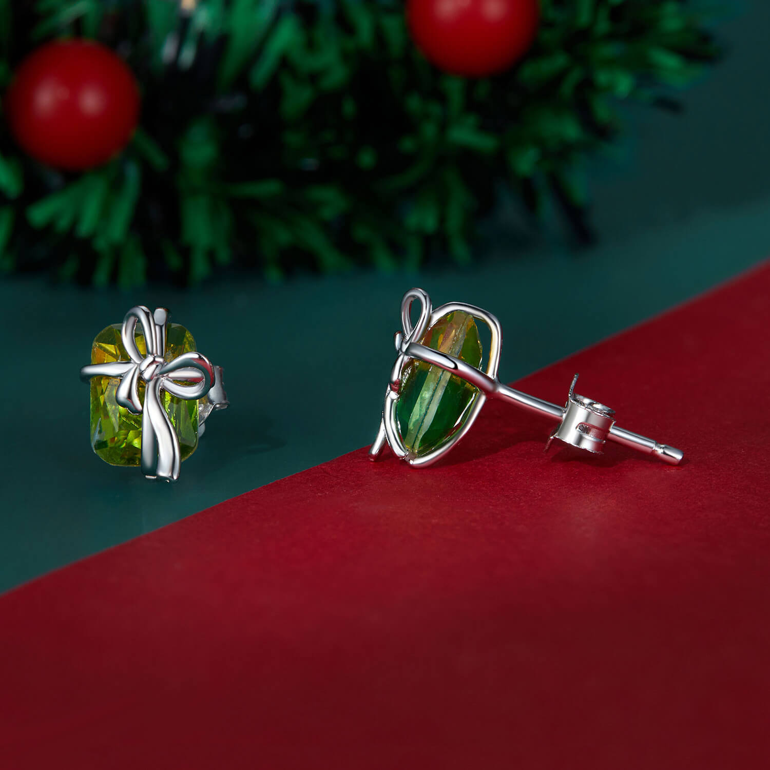 Christmas Green Gift Box Synthetic Tourmaline Earrings in Sterling Silver front and side