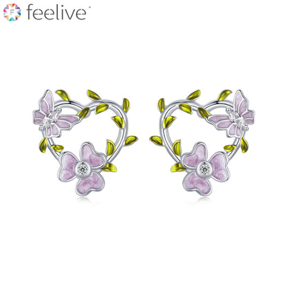 Wisteria Flower Vine Butterfly Enamel Earrings in Sterling Silver - Feelive