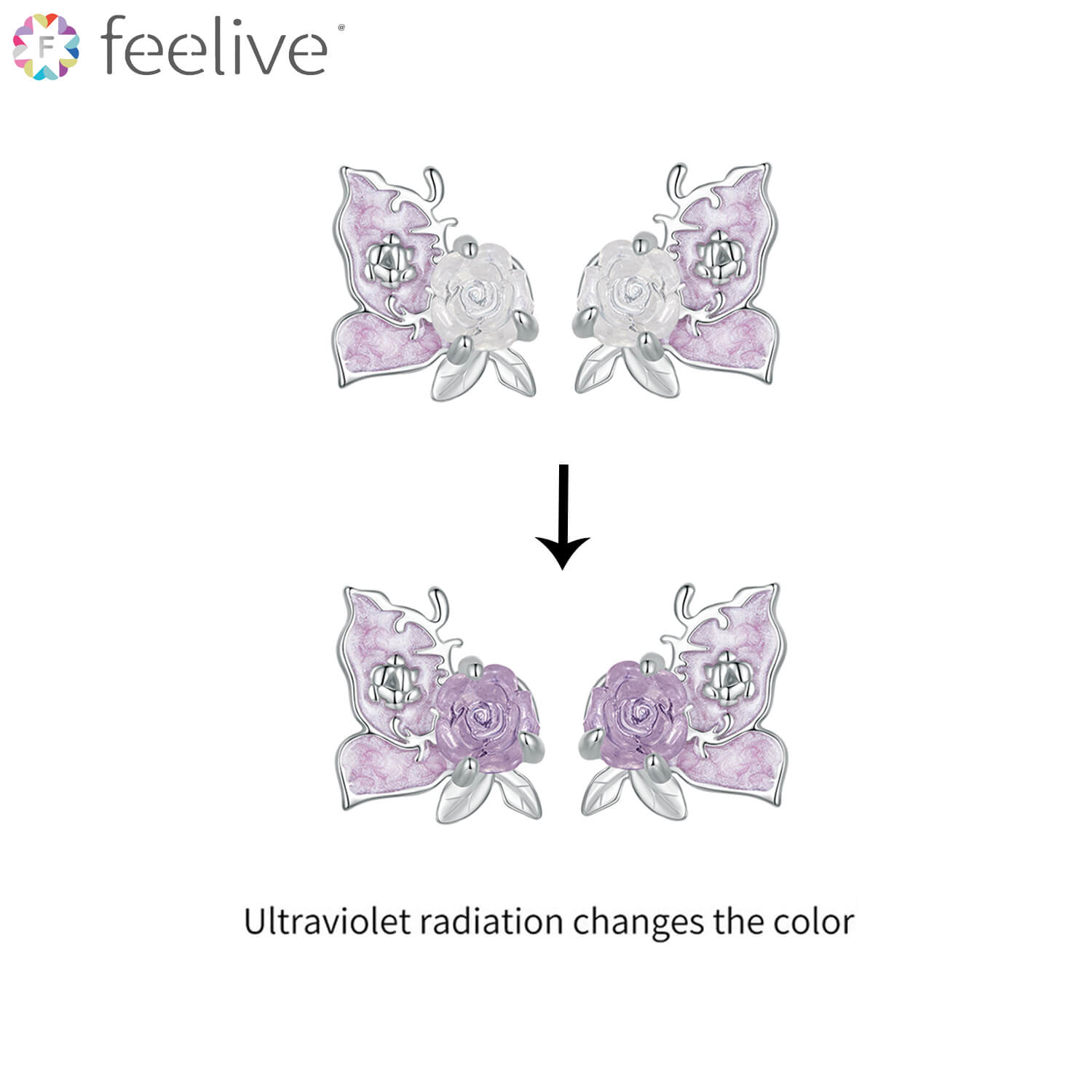 UV Color-changing Purple Rose and Butterfly Earrings in Sterling Silver - Feelive