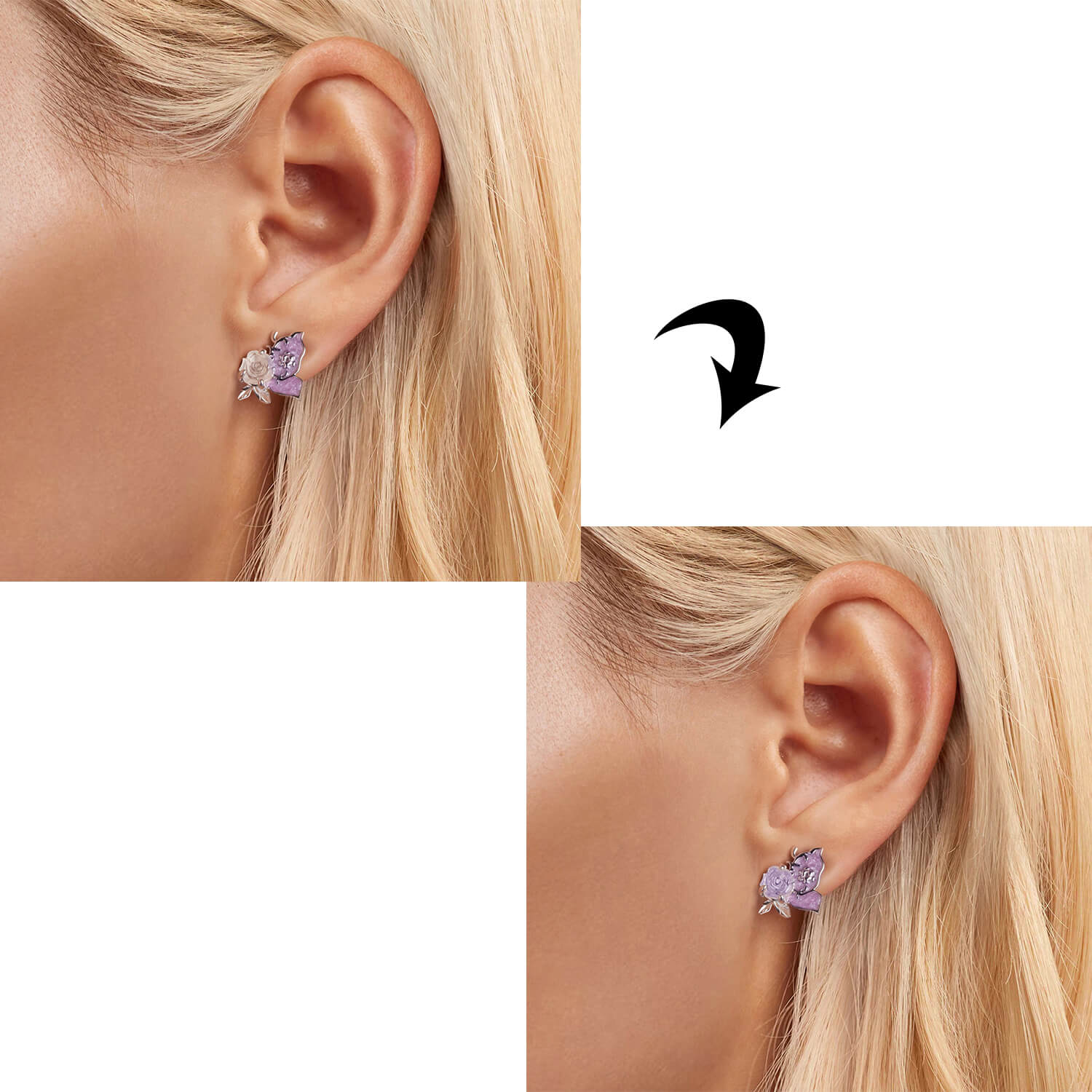 UV Color-changing Purple Rose and Butterfly Earrings in Sterling Silver color changing display