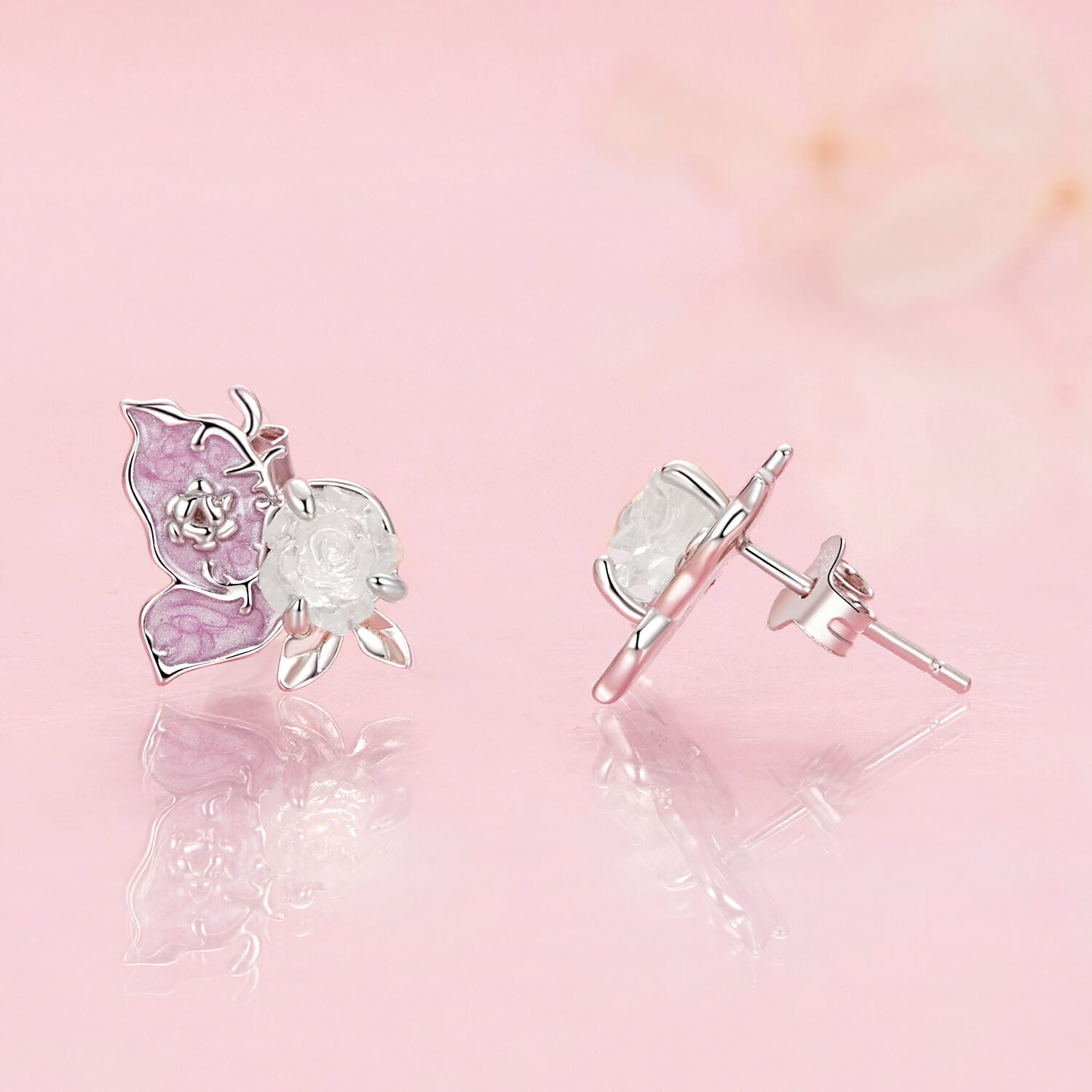 UV Color-changing Purple Rose and Butterfly Earrings in Sterling Silver front and back