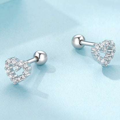 Mini Heart Zircon Stud Earrings in Silver with Ball Back - side