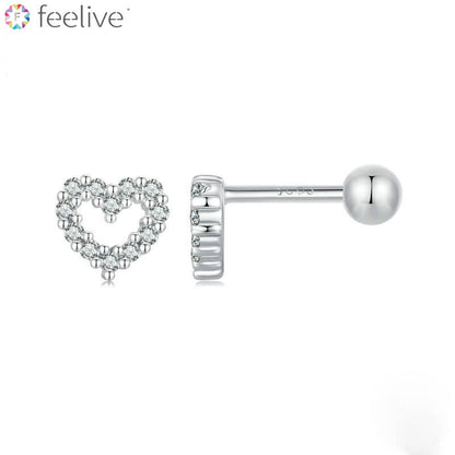 Mini Heart Zircon Stud Earrings in Silver with Ball Back - Feelive