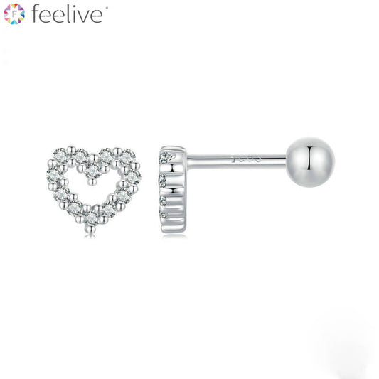 Mini Heart Zircon Stud Earrings in Silver with Ball Back - Feelive