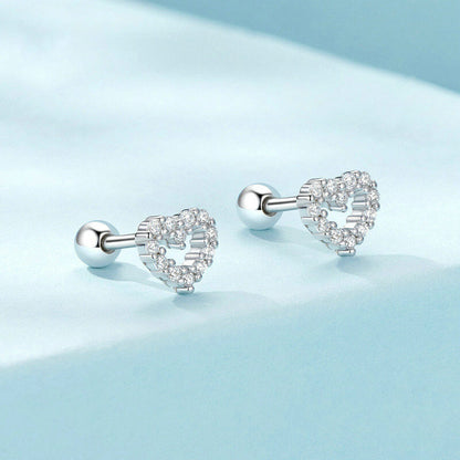 Mini Heart Zircon Stud Earrings in Silver with Ball Back - side