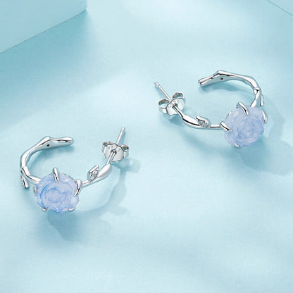 Sunshine Color-changing Magic Blue Rose Huggie Earrings in Silver - side