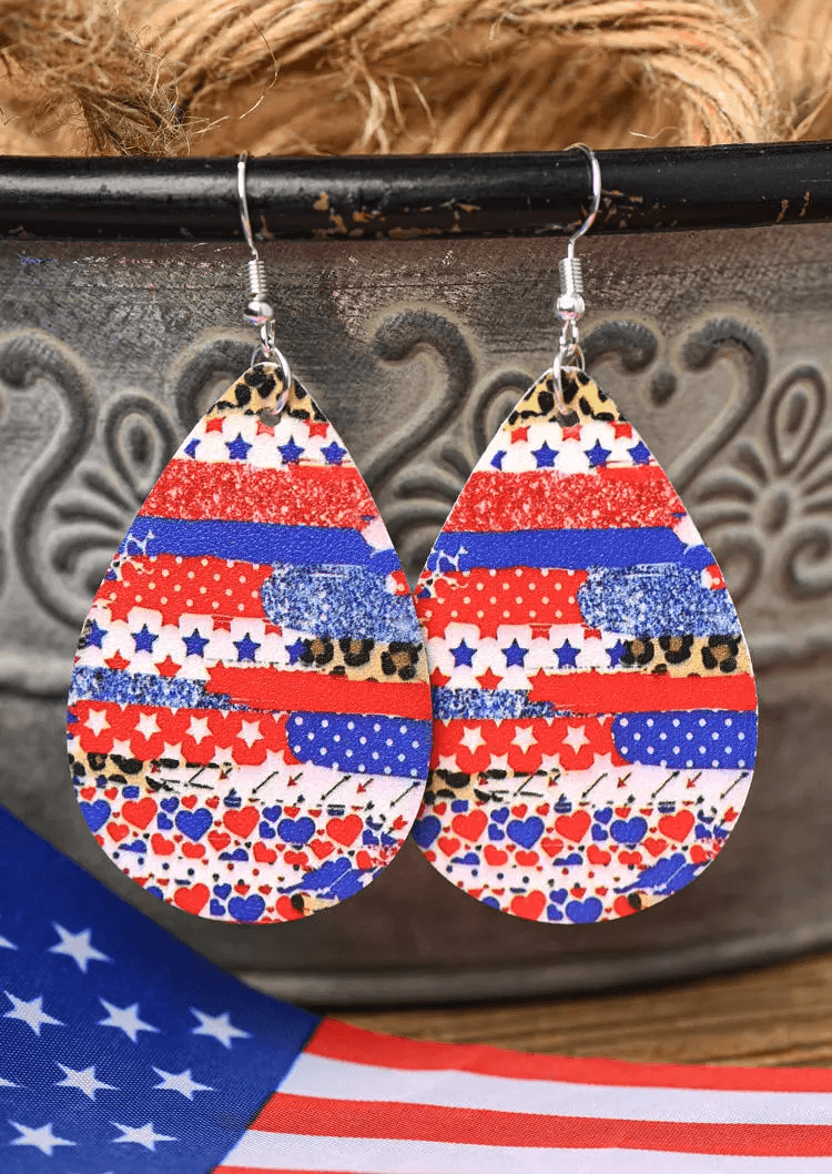 American Flag Leopard Heart Water Drop Earrings