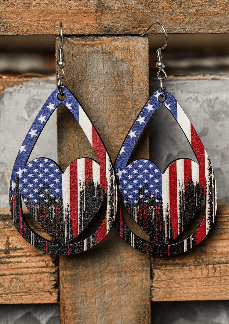 American Flag Heart Hollow Out Water Drop Earrings