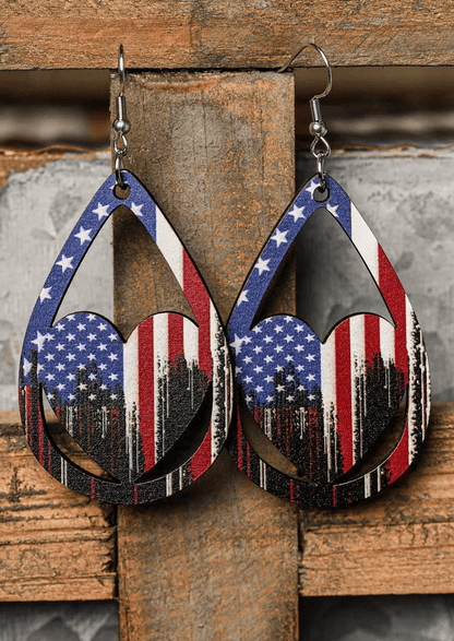 American Flag Heart Hollow Out Water Drop Earrings