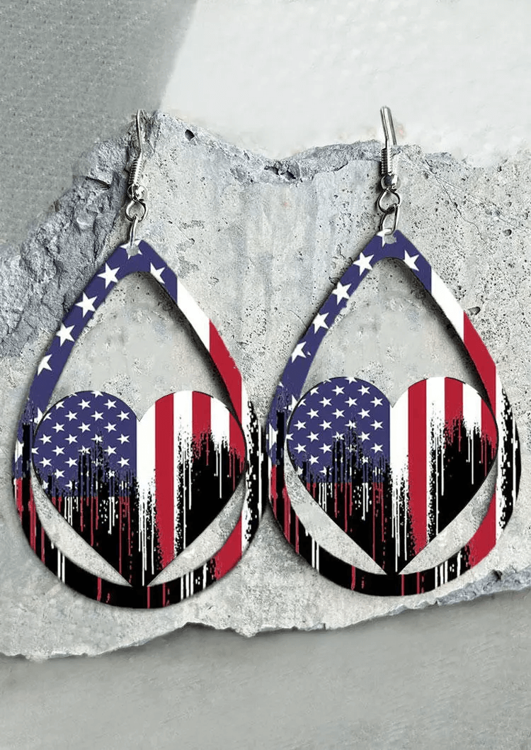 American Flag Heart Hollow Out Water Drop Earrings