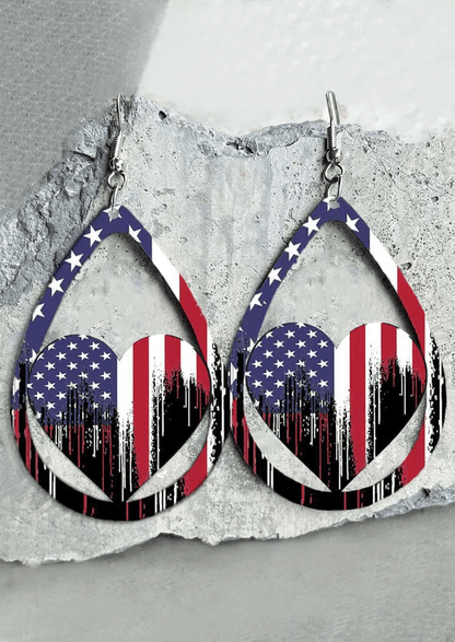 American Flag Heart Hollow Out Water Drop Earrings