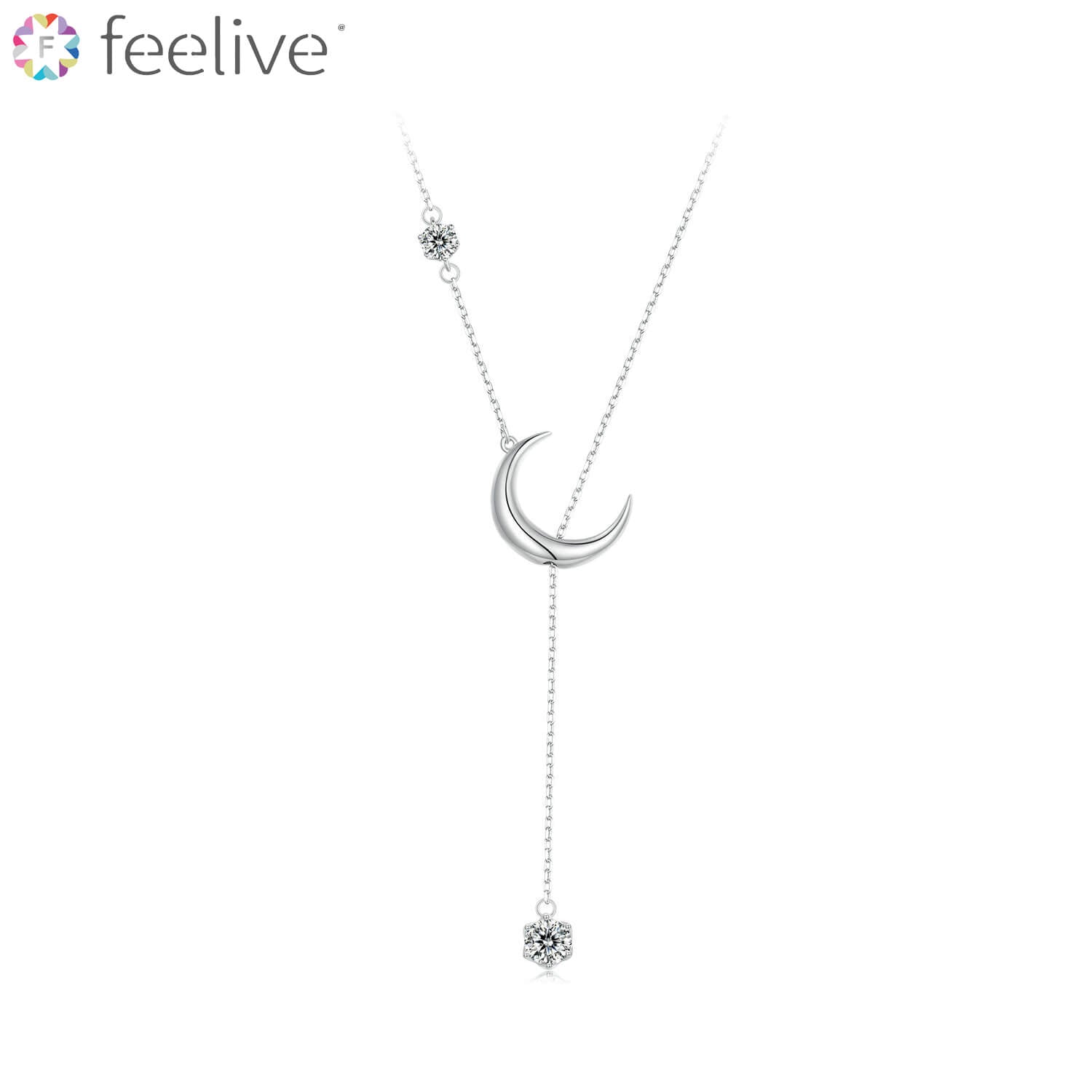 Moon and Shooting Star Zircon Y Necklace in Sterling Silver - Feelive