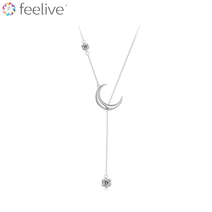 Moon and Shooting Star Zircon Y Necklace in Sterling Silver - Feelive