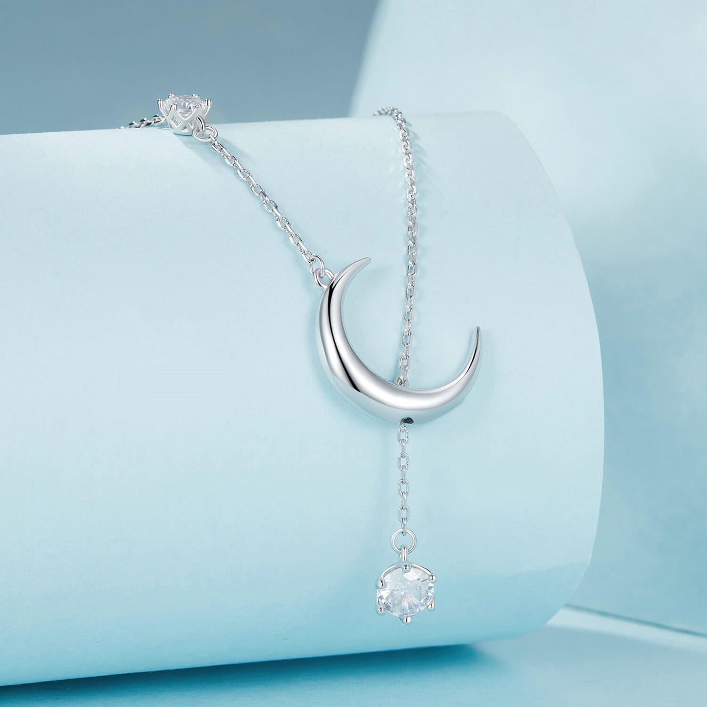 Moon and Shooting Star Zircon Y Necklace in Sterling Silver side