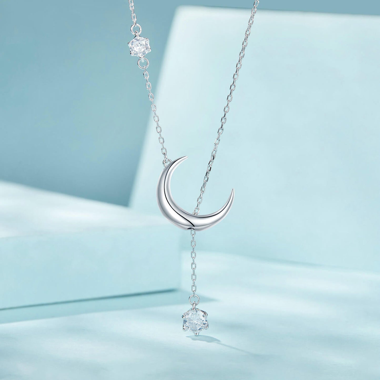 Moon and Shooting Star Zircon Y Necklace in Sterling Silver front