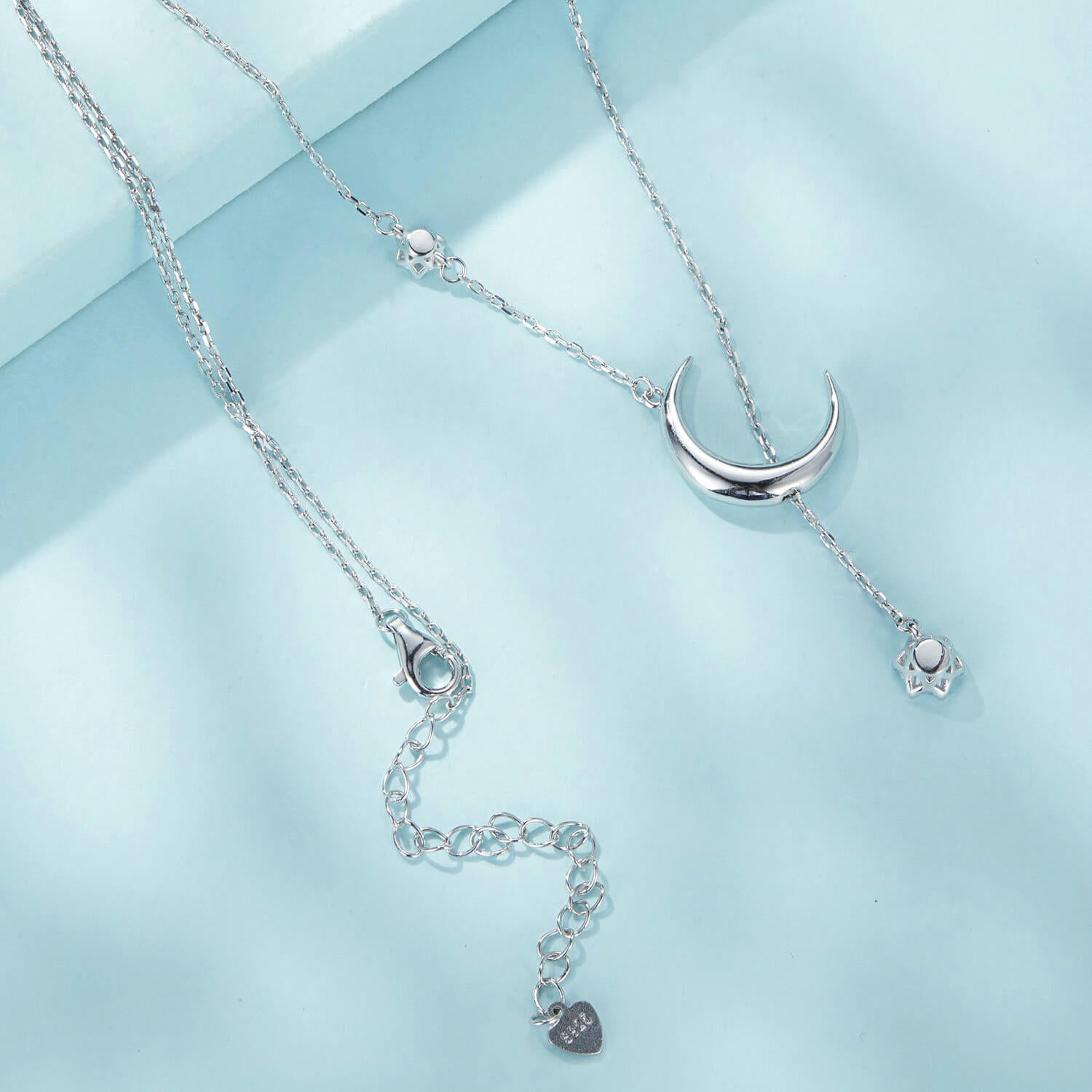 Moon and Shooting Star Zircon Y Necklace in Sterling Silver back and clasp