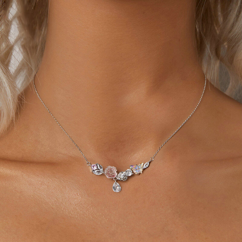 Sweet Romantic Pink Rose Butterfly Gem Necklace in Sterling Silver - model wearing