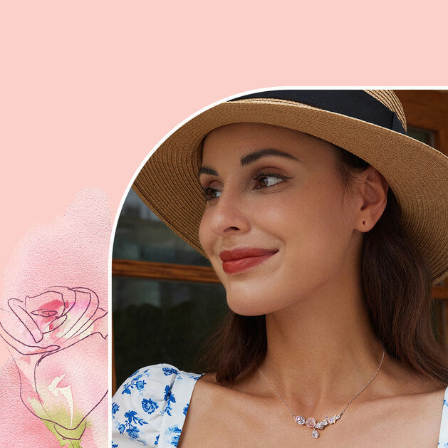 Romantic Pink Rose Butterfly Gem Necklace in Sterling Silver - model wearing