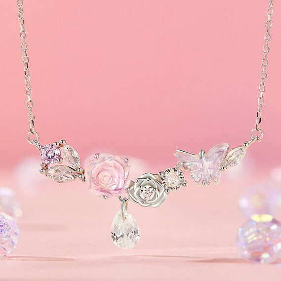 Romantic Pink Rose Butterfly Gem Necklace in Sterling Silver - front