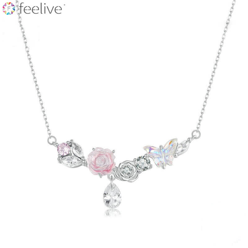 Pink Rose Butterfly Gem Necklace in Sterling Silver - Feelive