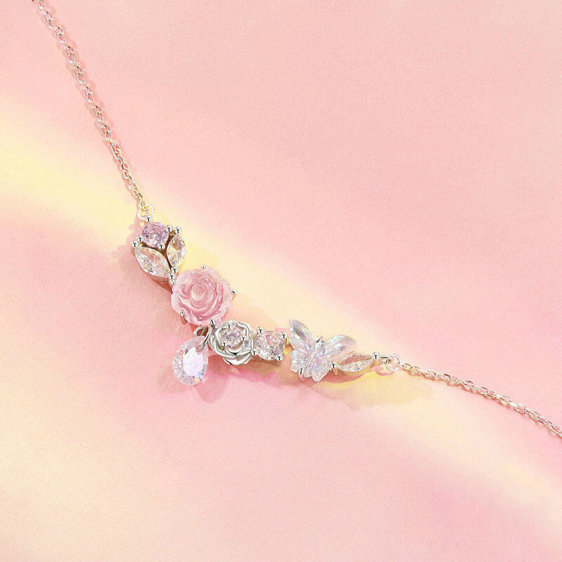 Romantic Pink Rose Butterfly Gem Necklace in Sterling Silver - side