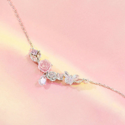 Romantic Pink Rose Butterfly Gem Necklace in Sterling Silver - side