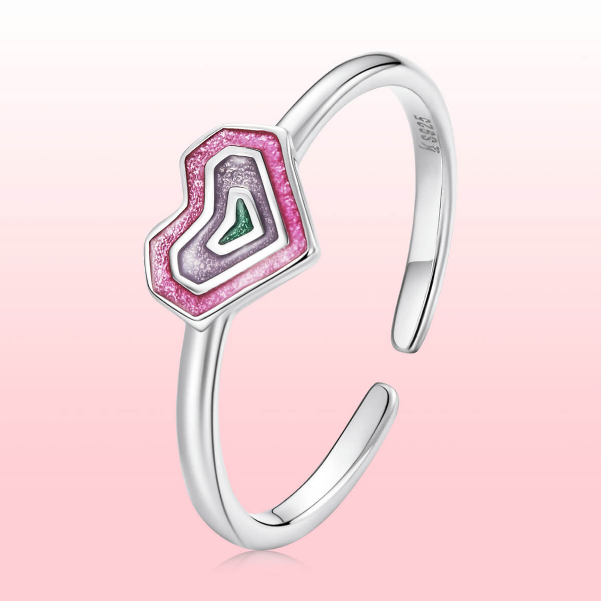 Girlish Pink Heart Enamel Ring in Sterling Silver barbie pink