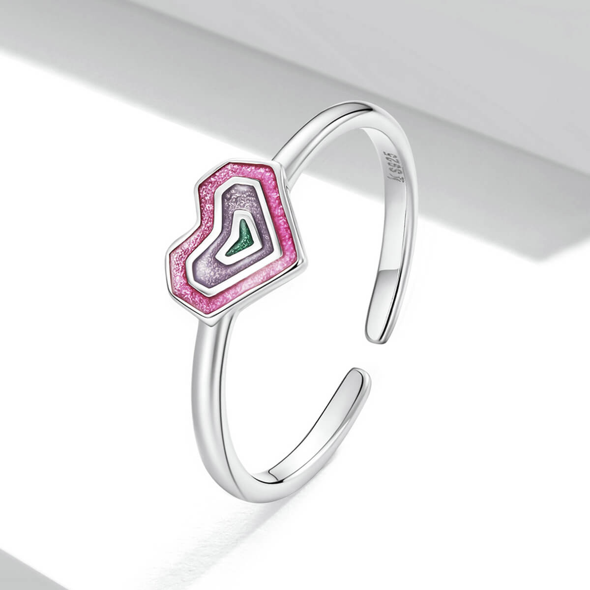 Girlish Pink Heart Enamel Ring in Sterling Silver stand