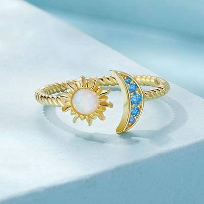 Golden Sun and Moon Opal Zirconia Ring in Sterling Silver front