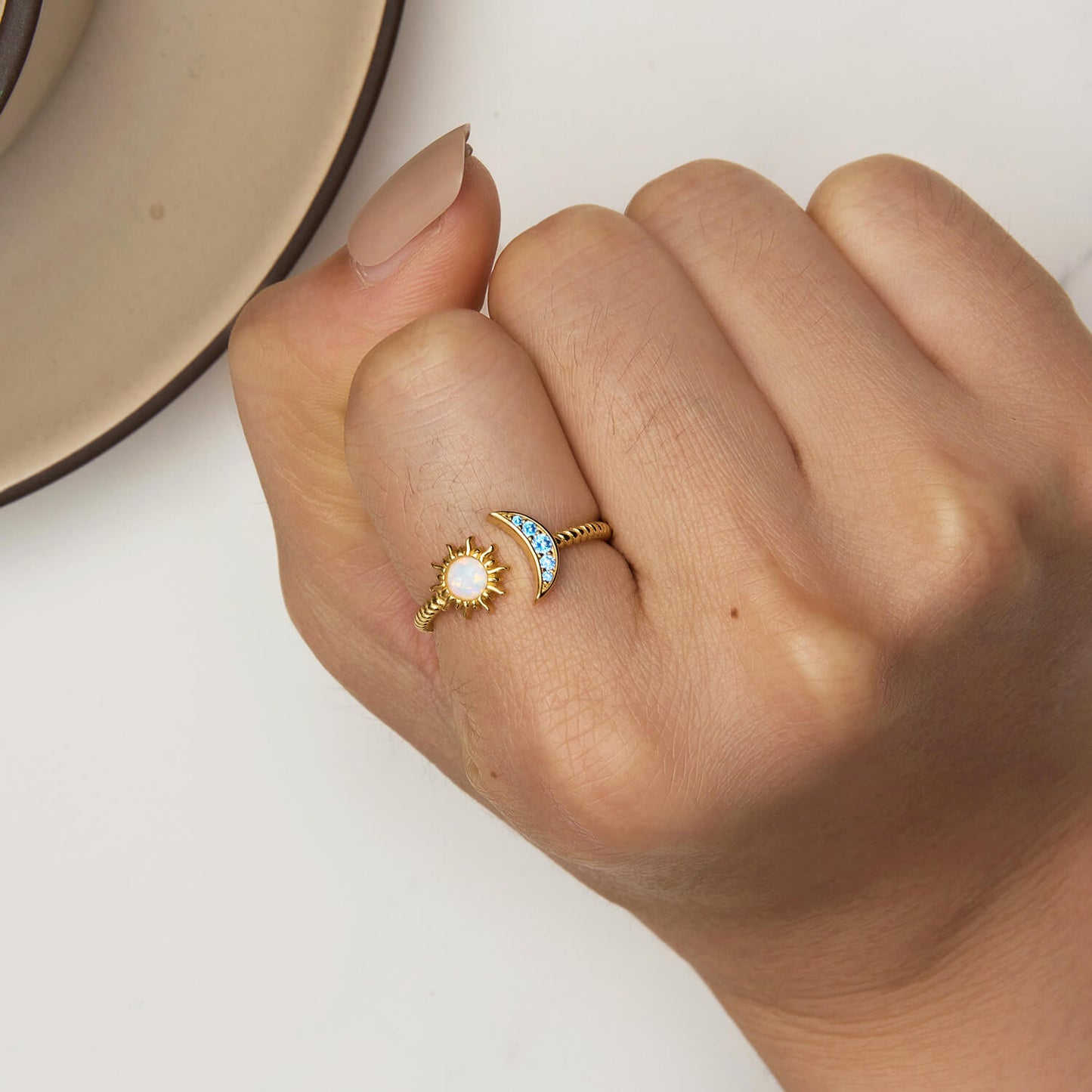 Golden Sun and Moon Opal Zirconia Ring in Sterling Silver model