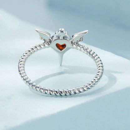 Devil Bat Wing Red Heart Zircon Ring in Sterling Silver back