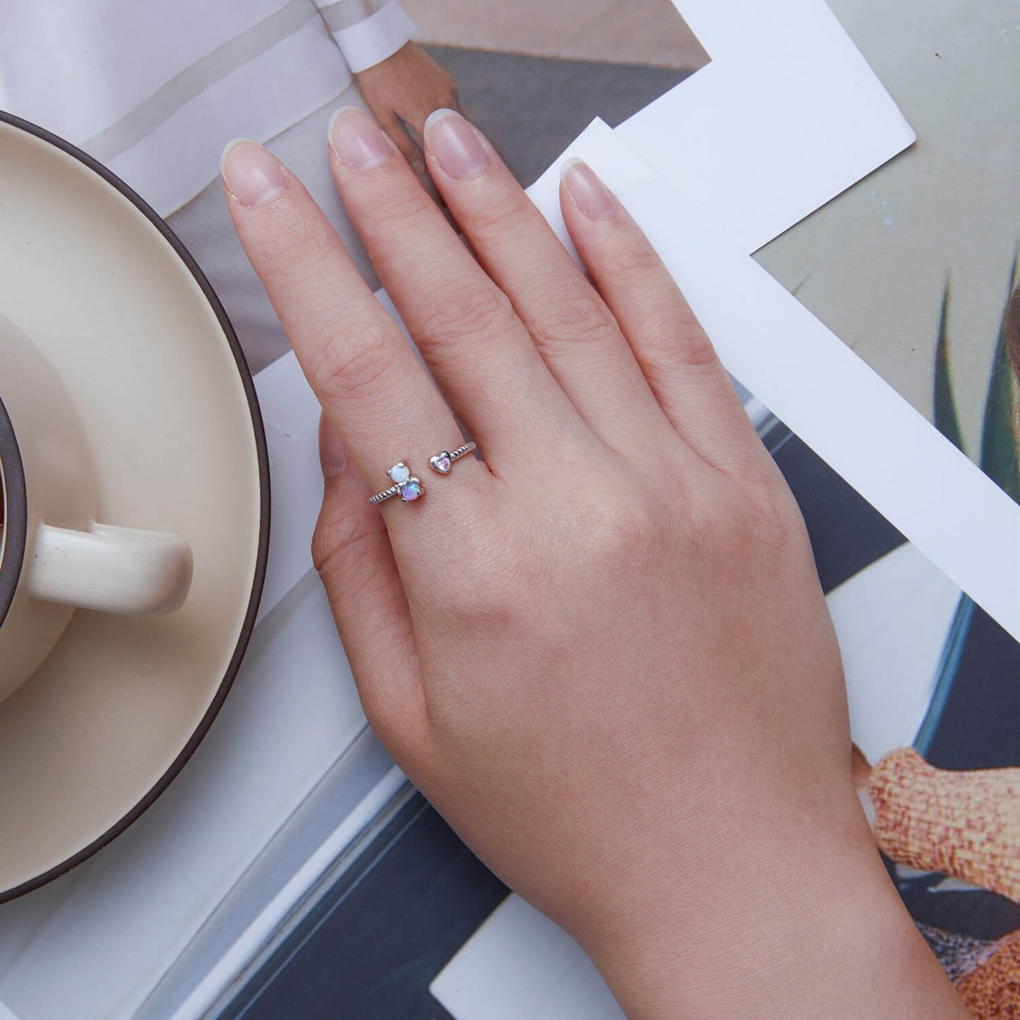 Sweet Pink Bear Opal Zircon Ring in Sterling Silver model