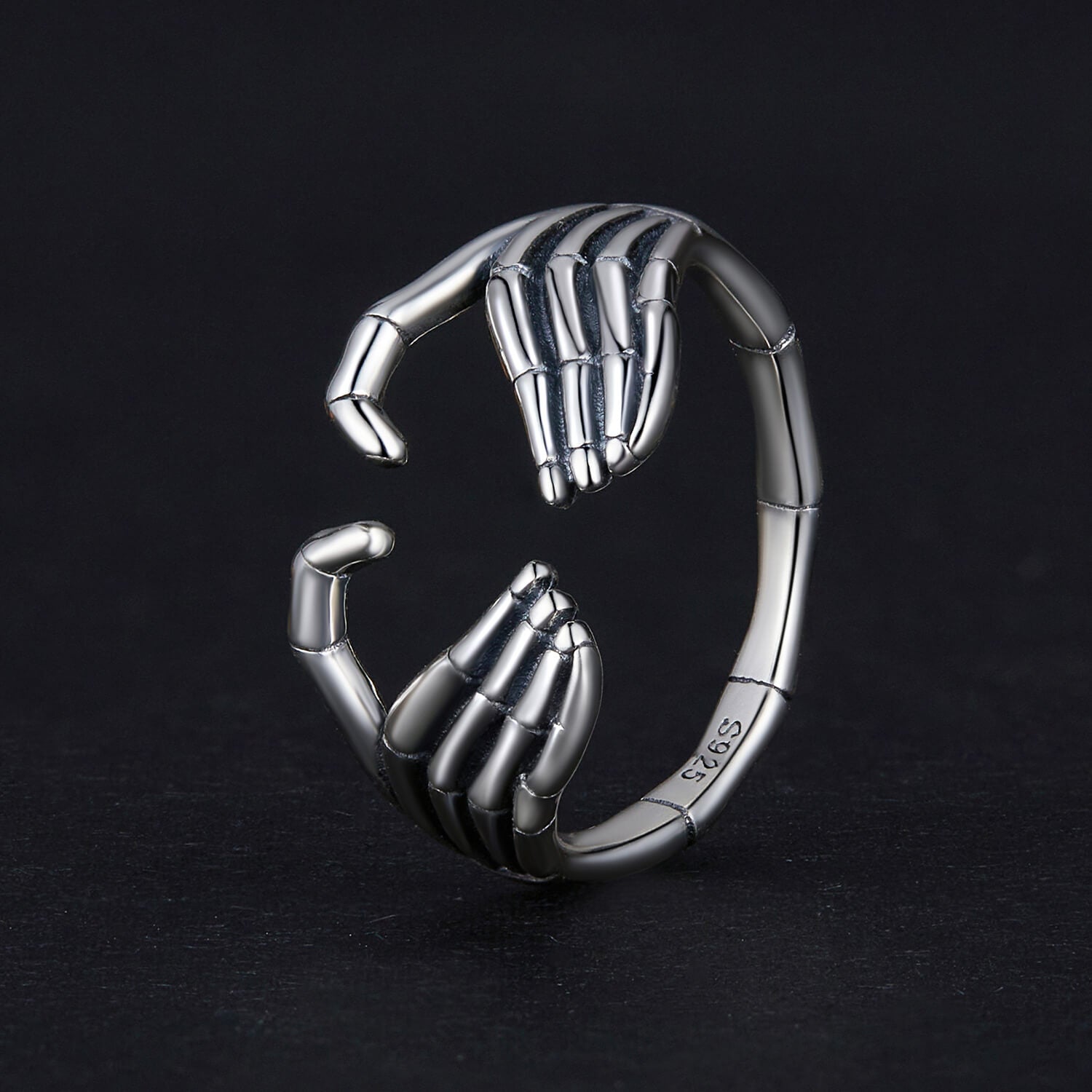 Skeleton Hand Heart Gesture Ring in Sterling Silver 