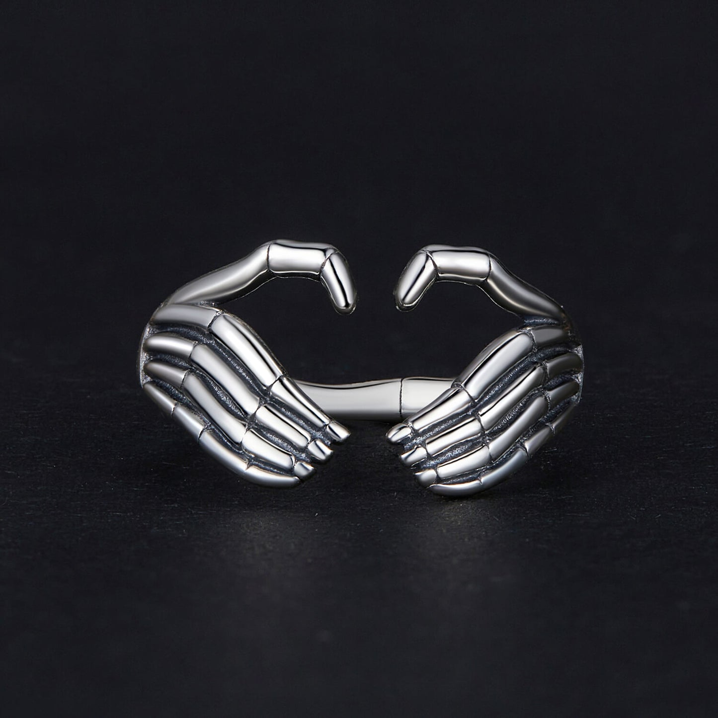 Skeleton Hand Heart Gesture Ring in Sterling Silver front