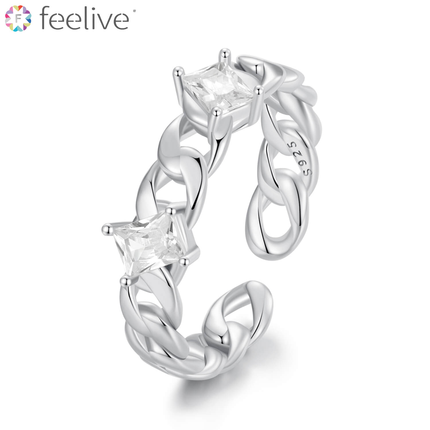 Radiant-cut Gem Cuban Chain Zircon Ring in Sterling Silver - Feelive