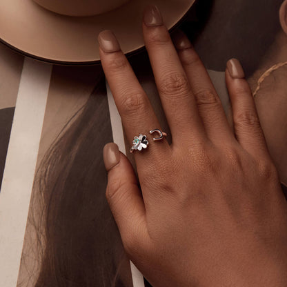 Four Leaf Clover Horseshoe Ring in Sterling Silver model