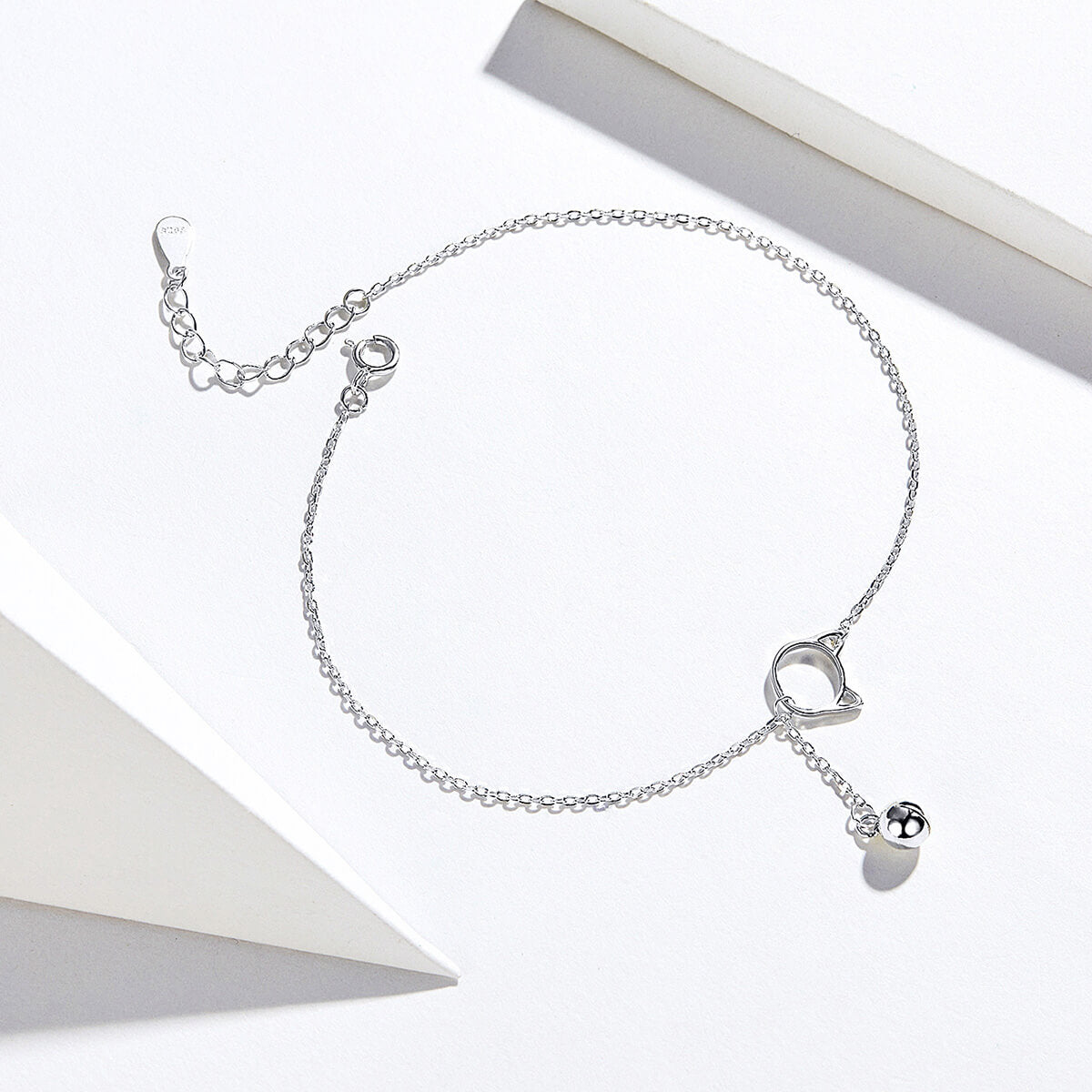 Cute Cat Bell Anklet in Sterling Silver side