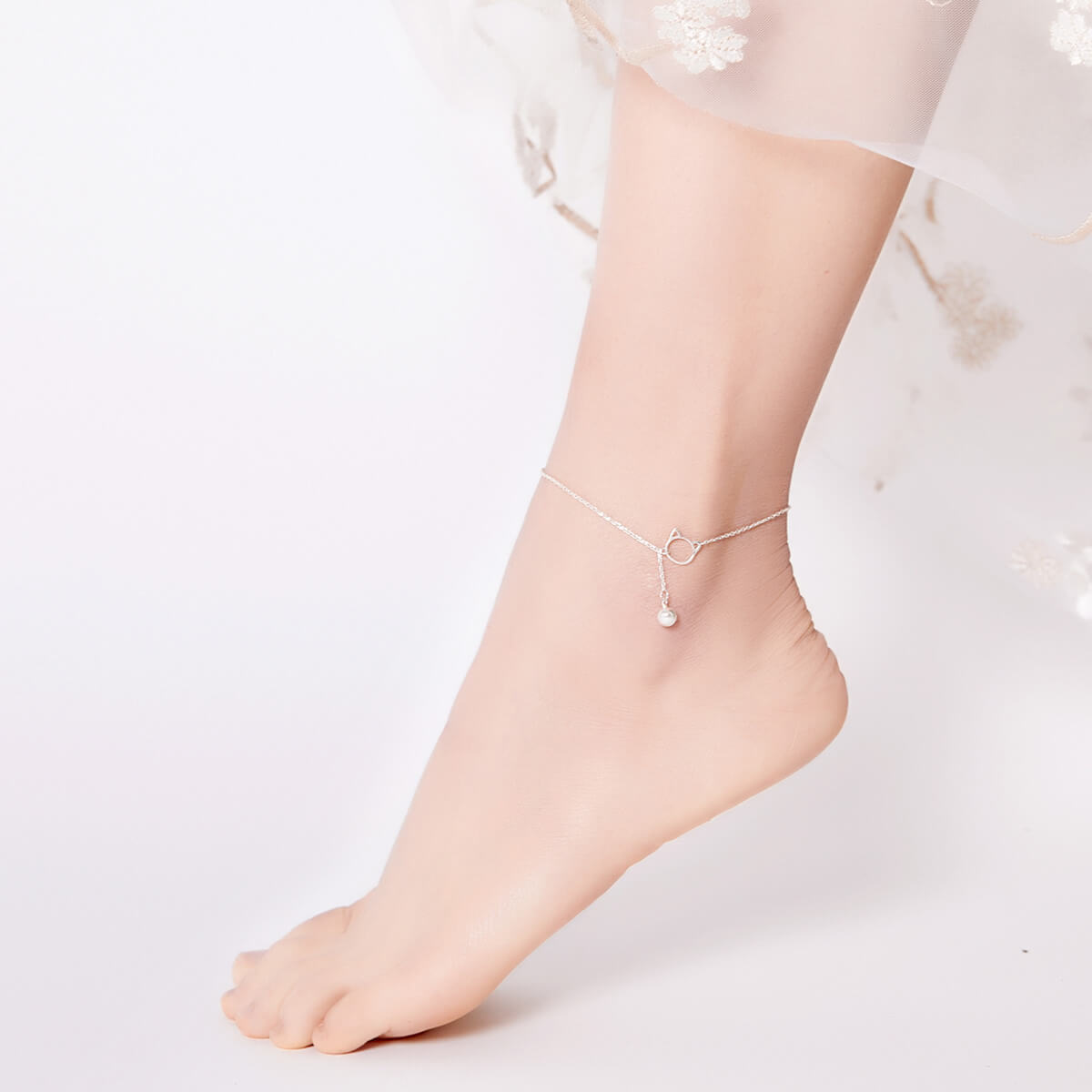 Cute Cat Bell Anklet in Sterling Silver model