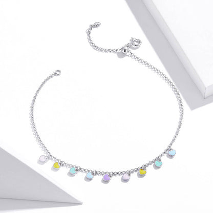 Rainbow Color Heart Tag Enamel Anklet in Sterling Silver front