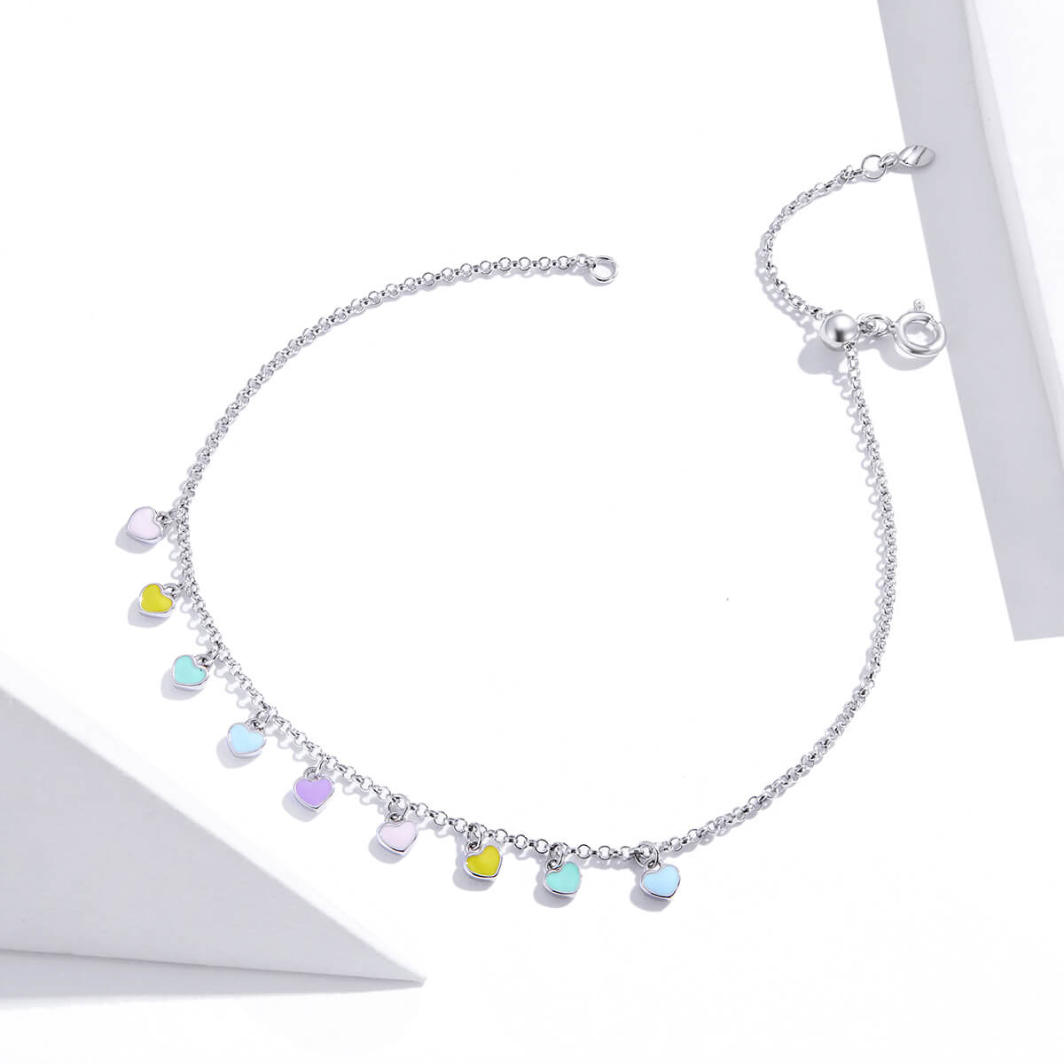 Rainbow Color Heart Tag Enamel Anklet in Sterling Silver side