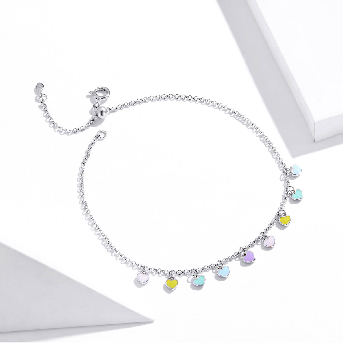 Rainbow Color Heart Tag Enamel Anklet in Sterling Silver side