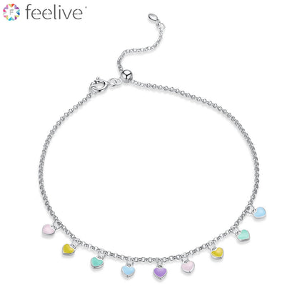 Rainbow Color Heart Tag Enamel Anklet in Sterling Silver - Feelive