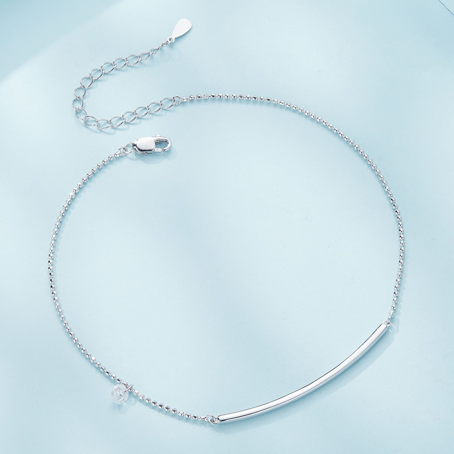 Simple Bar and Round Zircon Anklet in Sterling Silver side