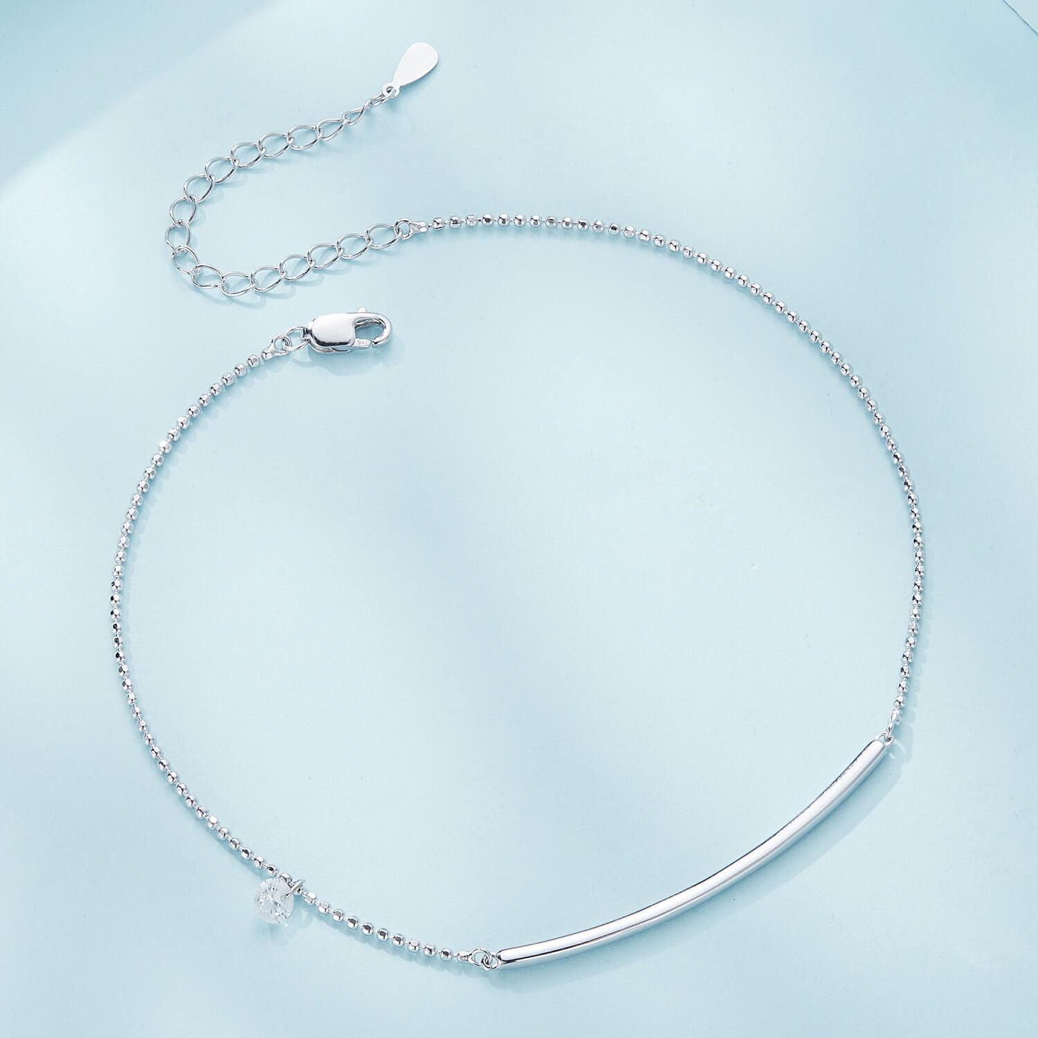 Simple Bar and Round Zircon Anklet in Sterling Silver side