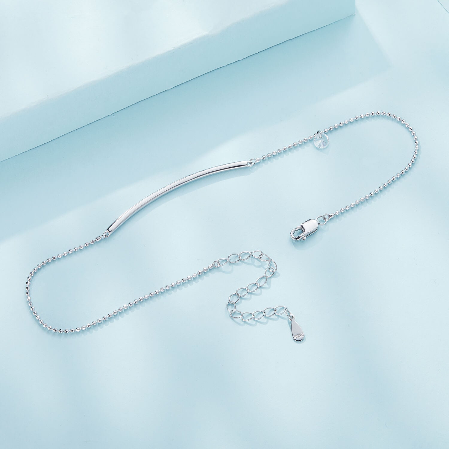 Simple Bar and Round Zircon Anklet in Sterling Silver clasp