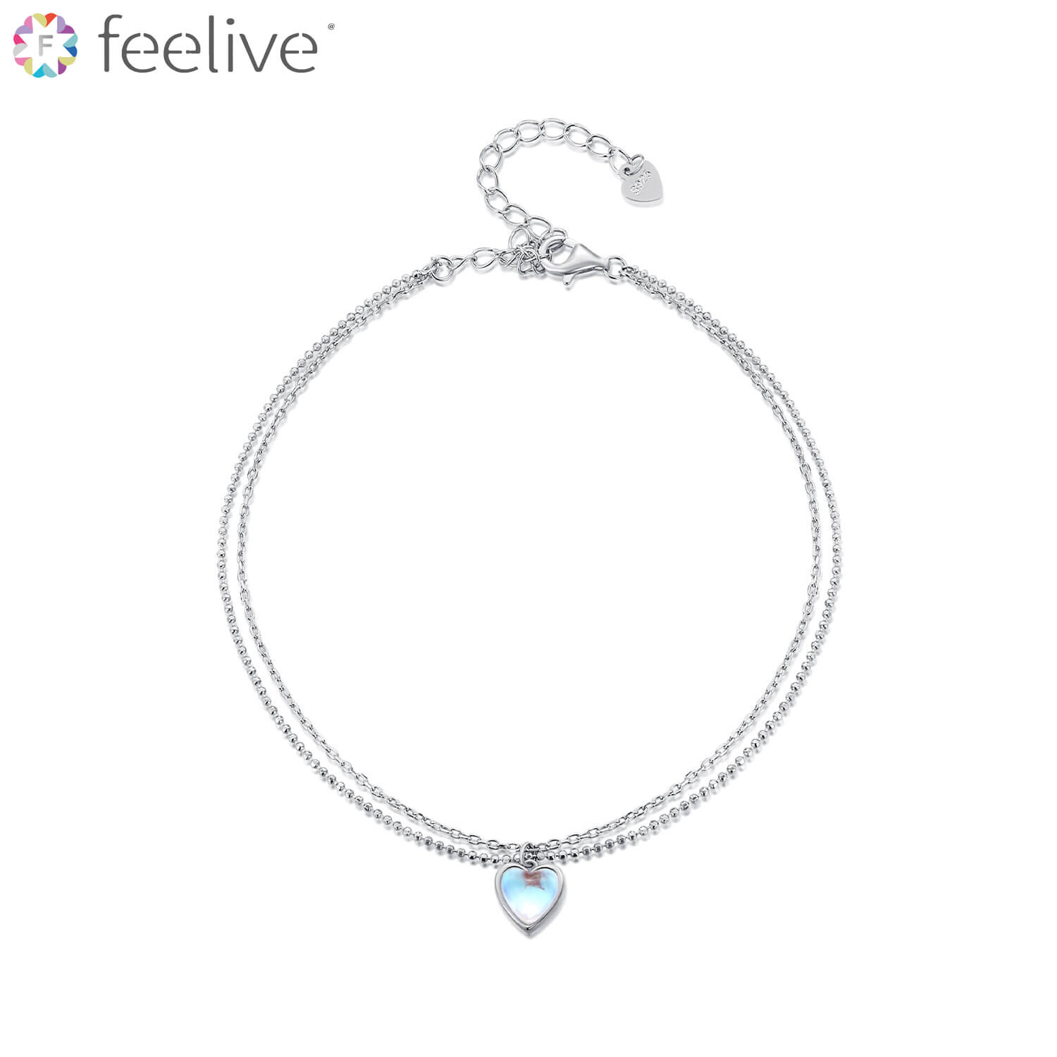 Heart Moonstone Double Layer Anklet in Sterling Silver - Feelive