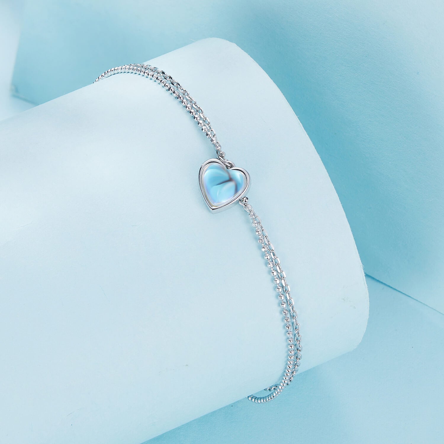 Heart Moonstone Double Layer Anklet in Sterling Silver pendant